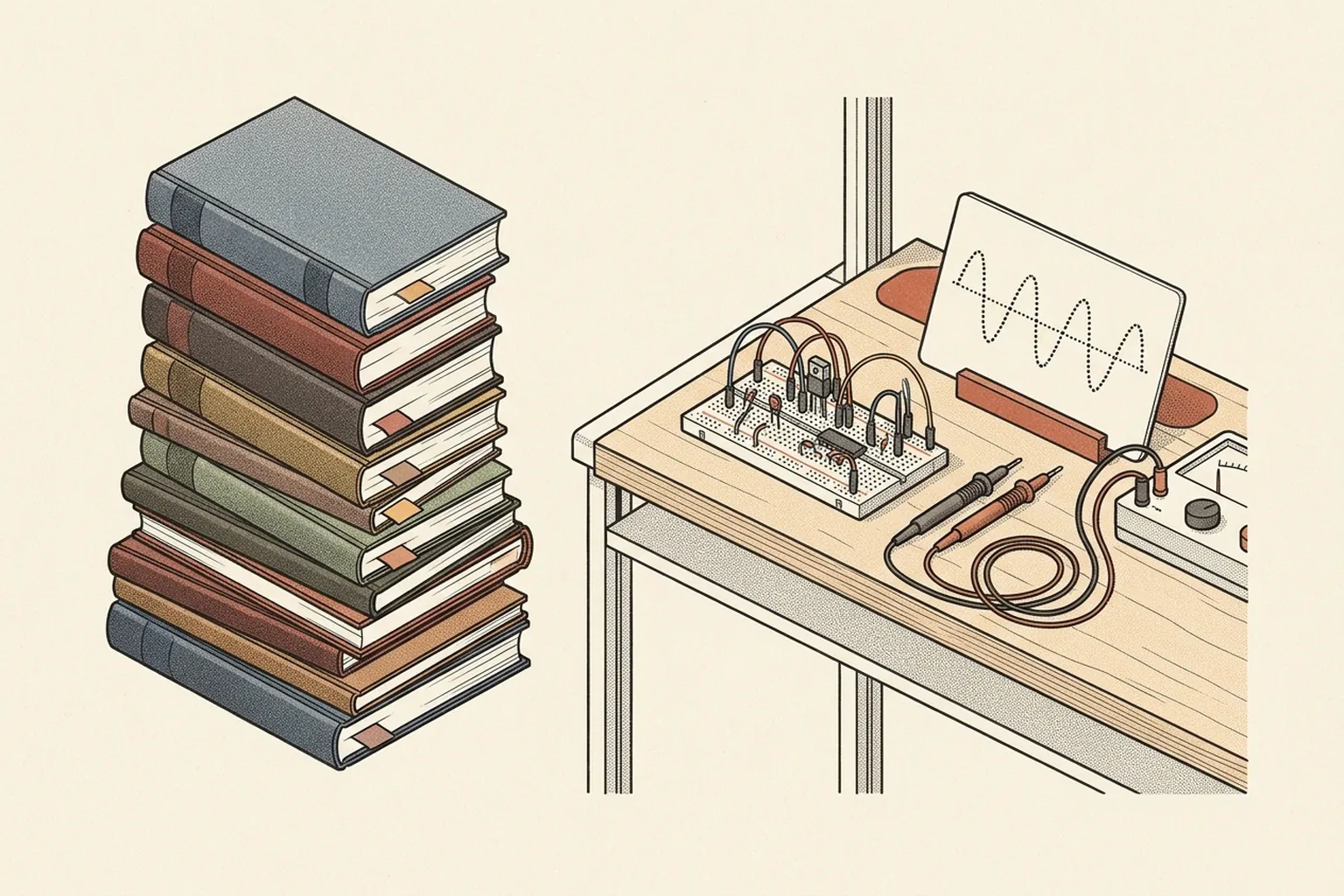 Architektonische Illustration, die einen Stapel traditioneller gebundener Lehrbücher mit einer aktiven modularen elektronischen Testbank vergleicht.