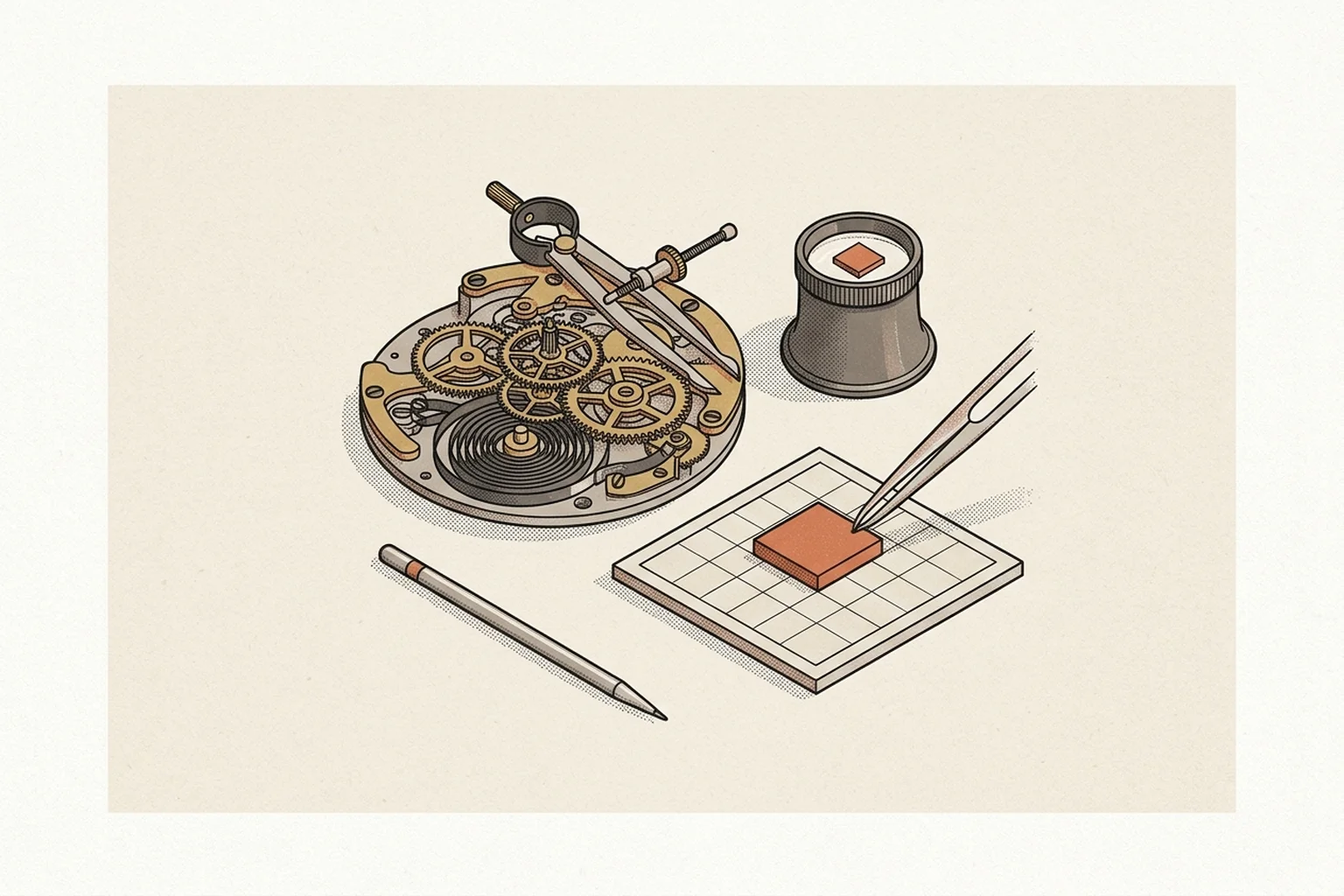 Architektonische Illustration eines komplexen Uhrwerk-Computers neben einer Juwelierlupe und einem Präzisionsstift, der eine Fliese anpasst.