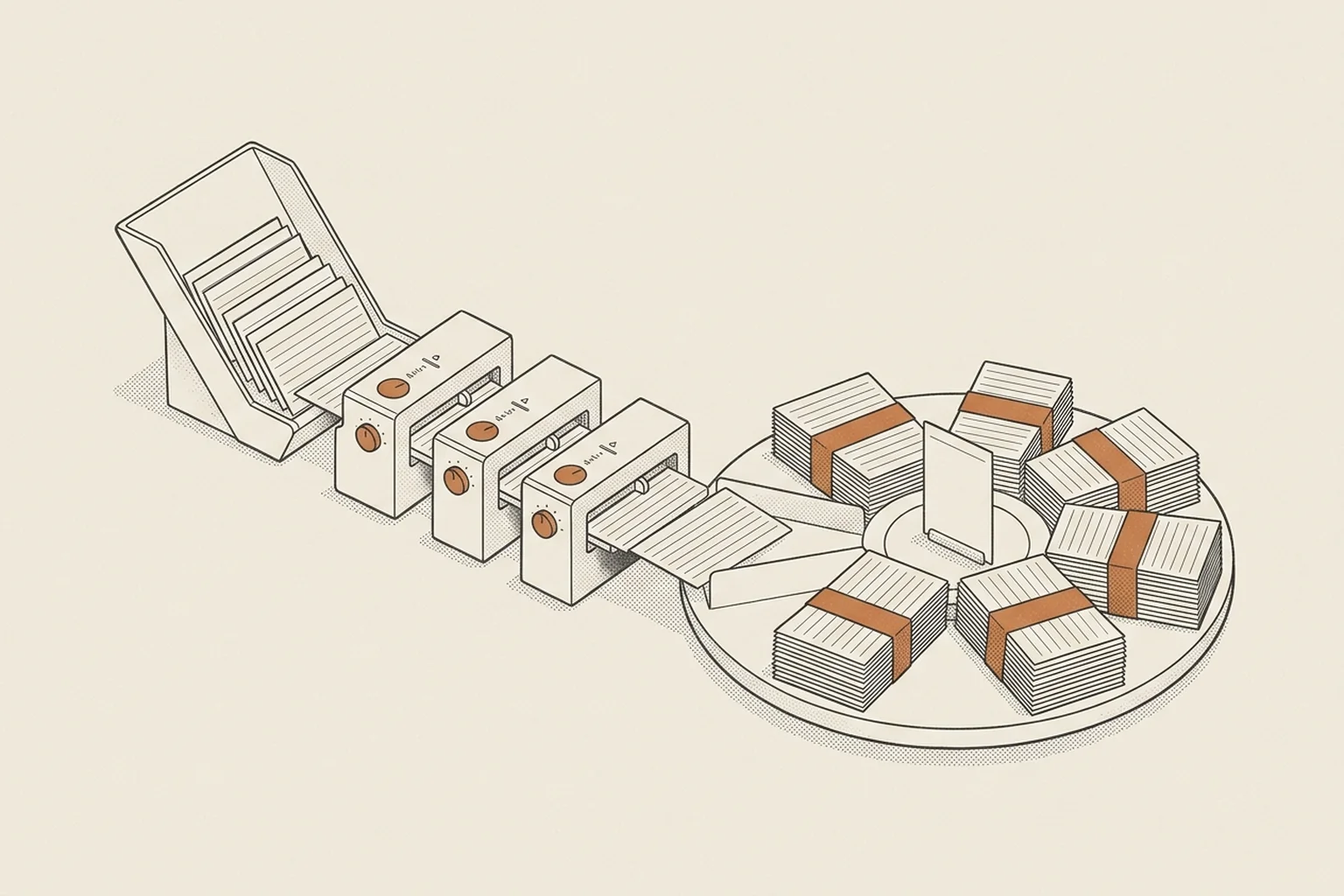 A modular multi-stage sorting apparatus organizing raw search queries into radial topic clusters.