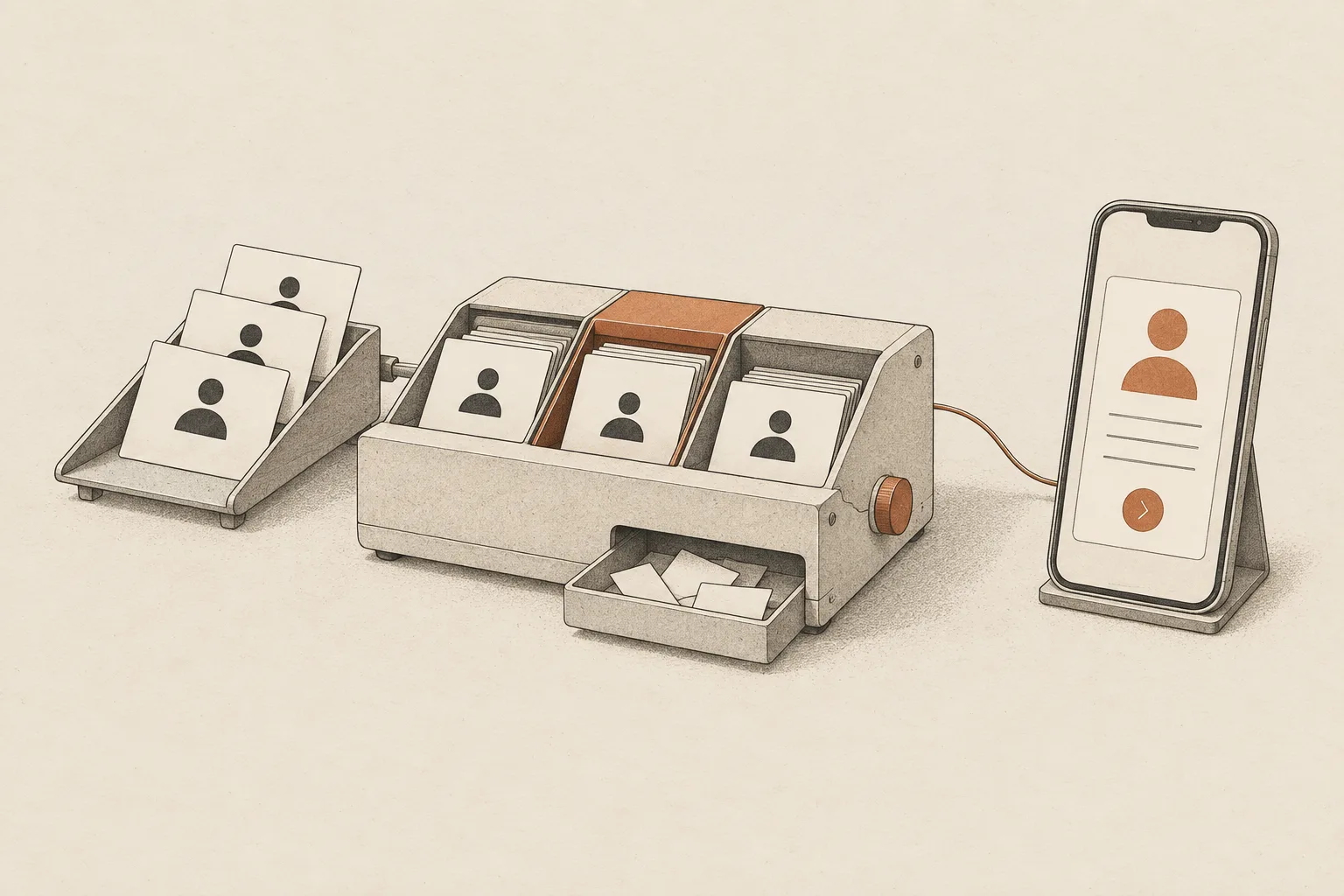 A compact card-sorting machine turns incoming inquiries into a clear client brief on a phone.