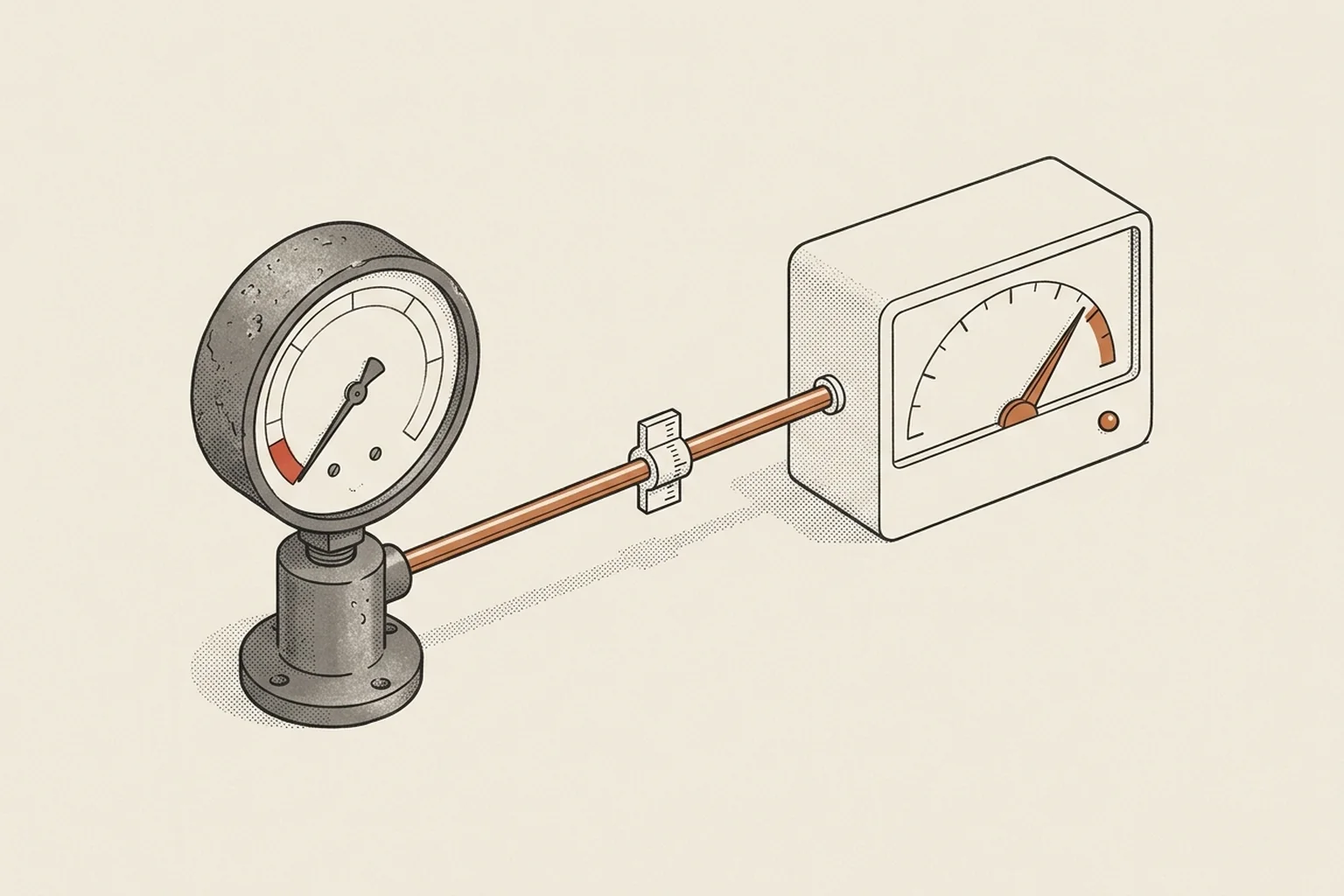 A dual-gauge testing console showing a sluggish cast-iron meter connected to a modern solid-state instrument at peak performance.