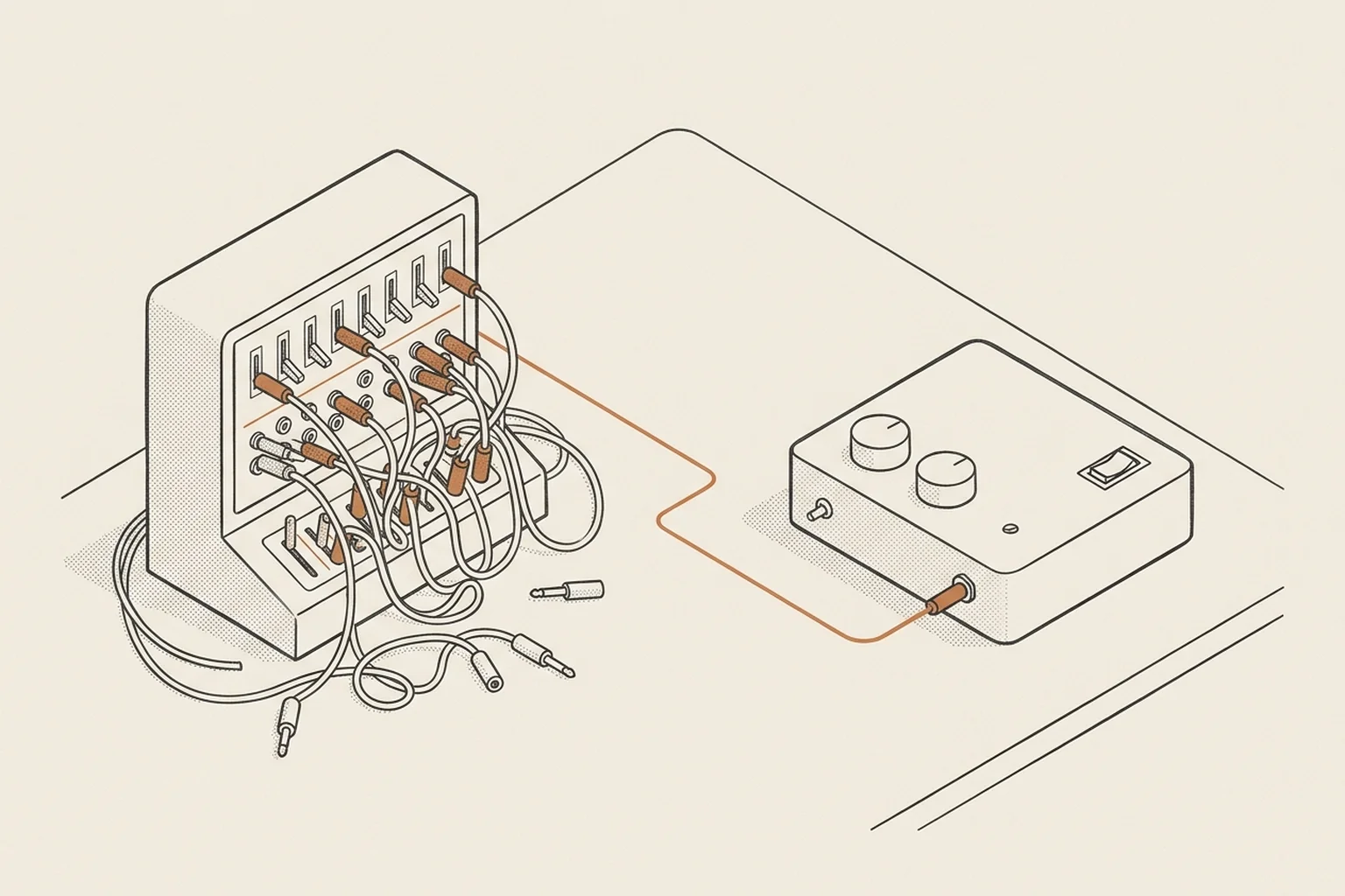 An intricate tangled patchboard of cables transitions into a clean, minimalist solid-state engineering unit.