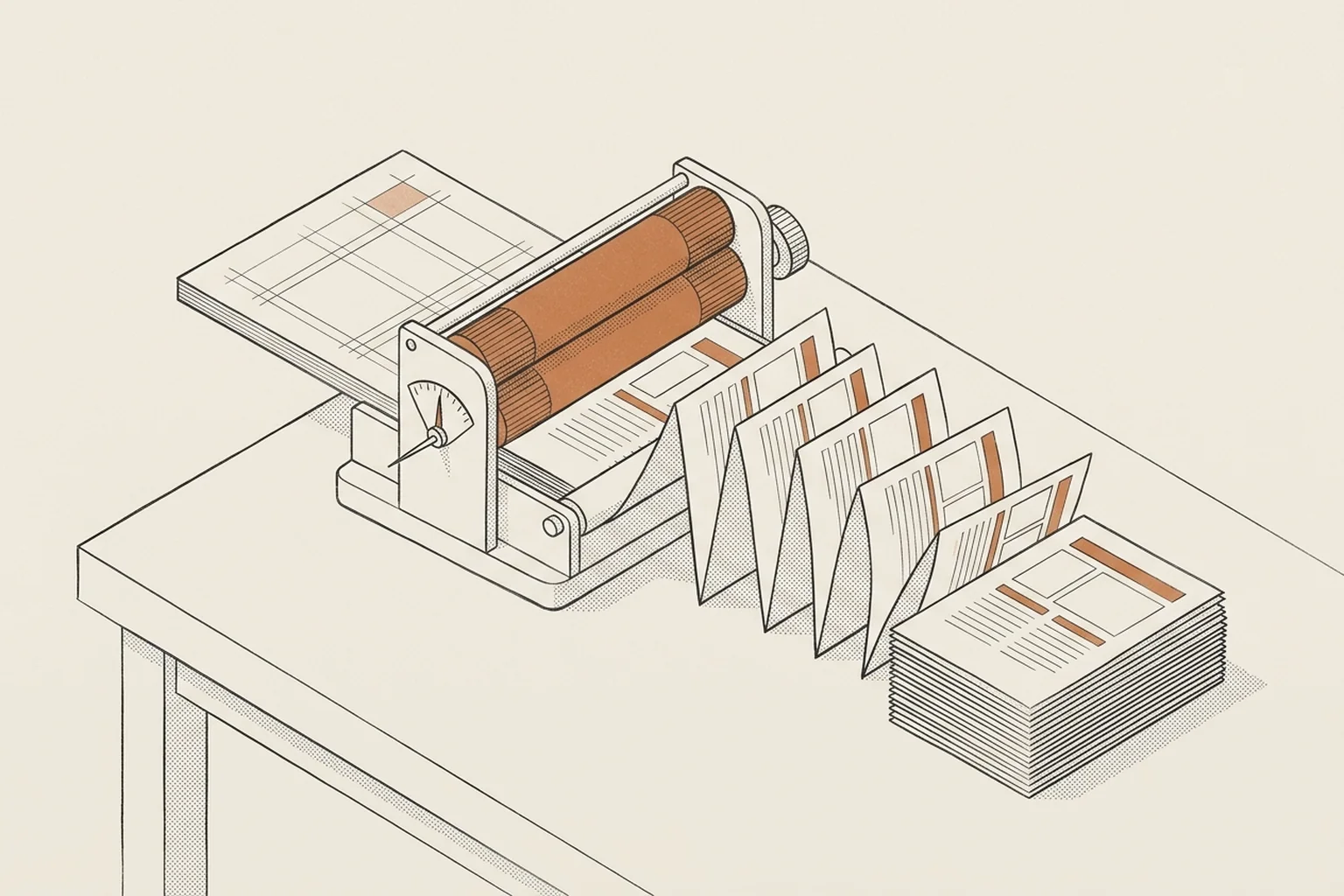 A calibrated precision press outputs a seamless fan-fold cascade of identical, pristine architectural cards.