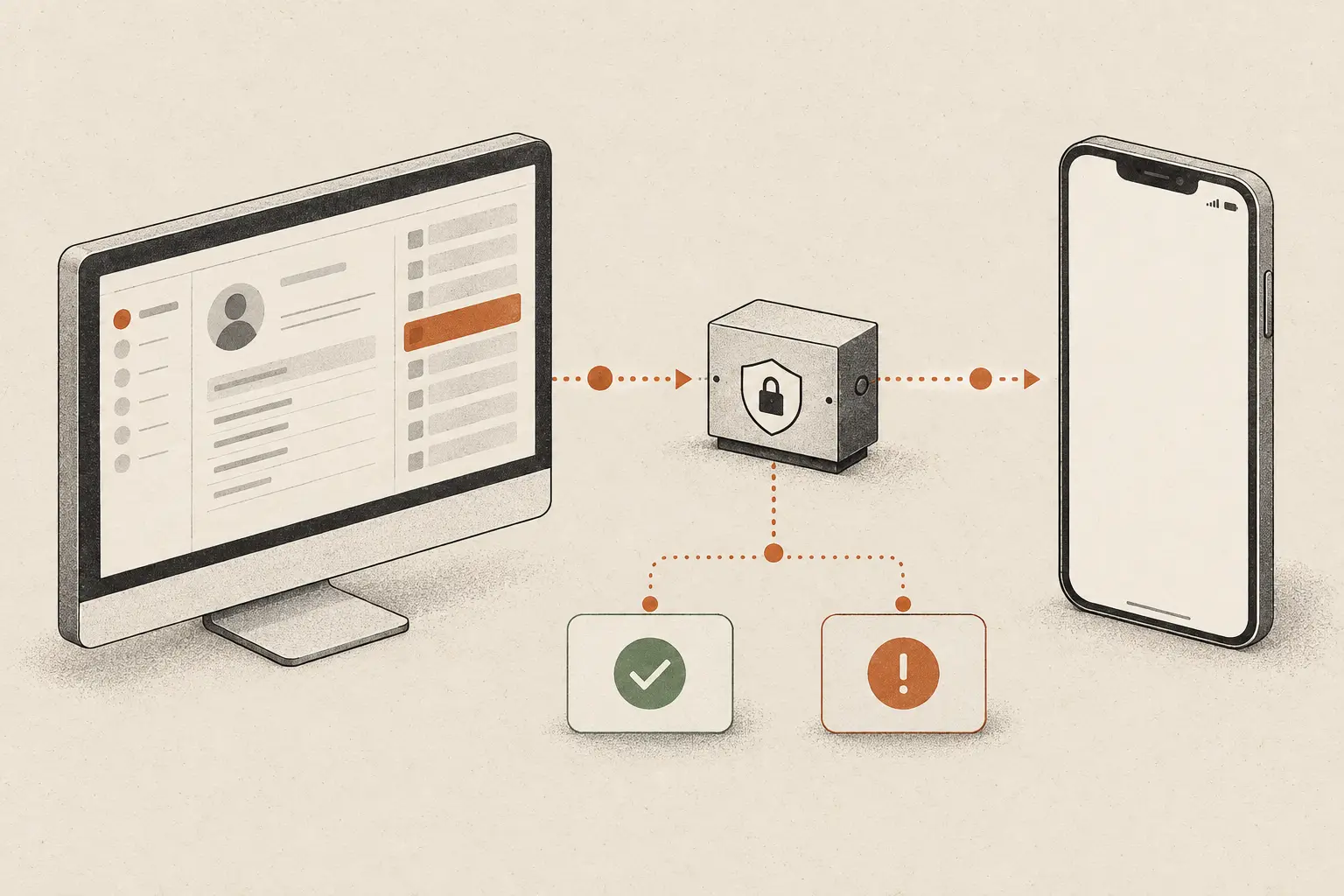 Editorial illustration of a CRM console checking a quiet phone through a secure API gateway and returning review statuses.